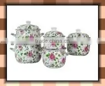Beautiful Pink Flower Green Leaf Decal Enamel Cooking Pot set 5 pcs Enamel Cesserole Set