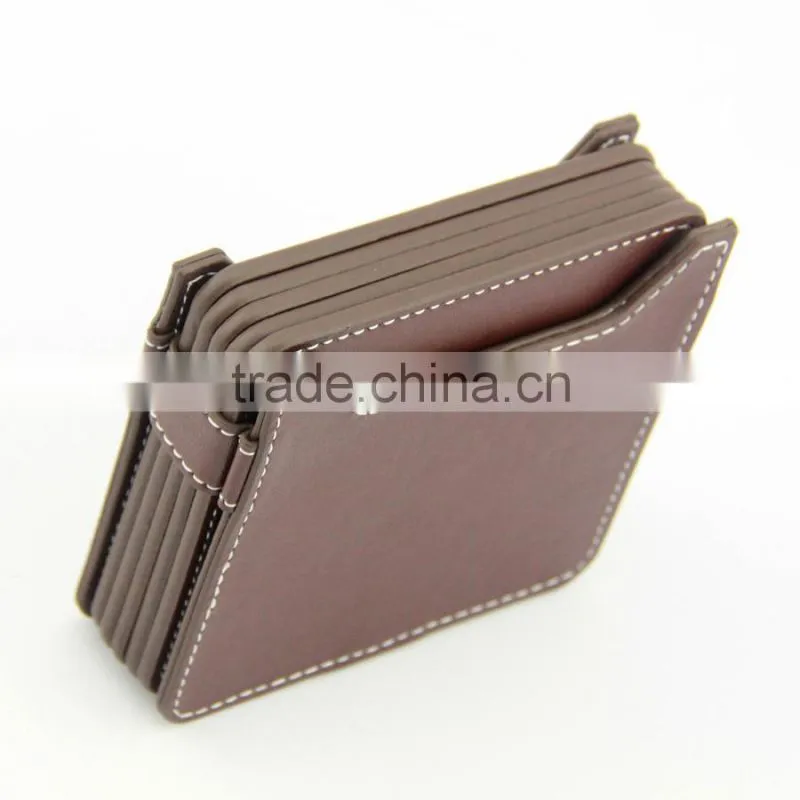 Brown PU leather cup coaster set with debossed logo