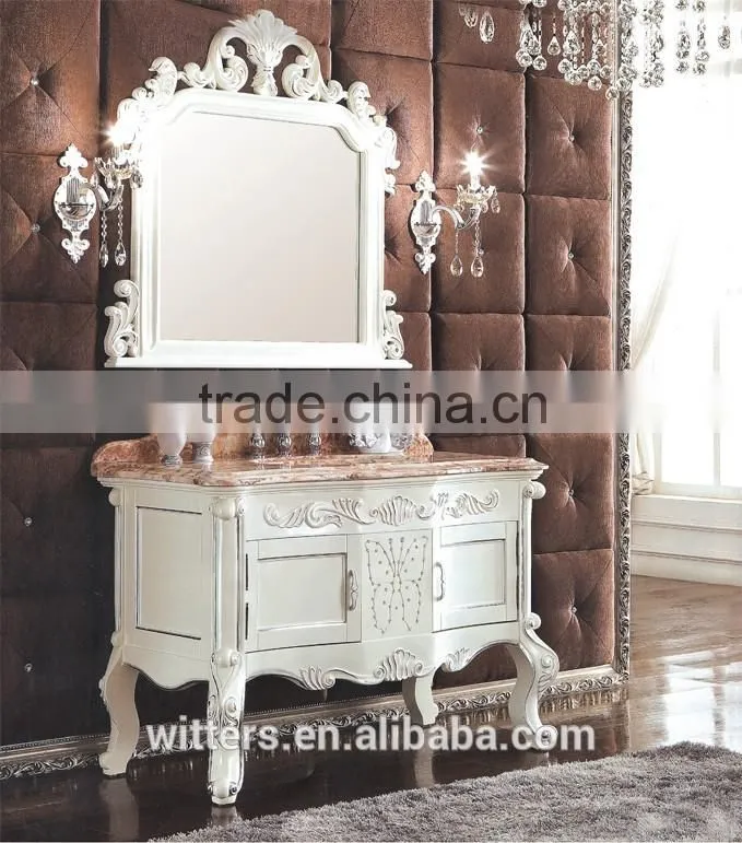 Spanish vintage b bathroom vanity cabinet solid wood luxury bathroom furniture with carved flower WTS334