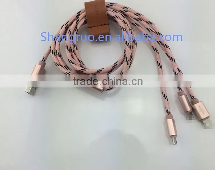 hot sale 3 in 1 type c/micro/8 pin USB cable fast charging data cable for mobilephone