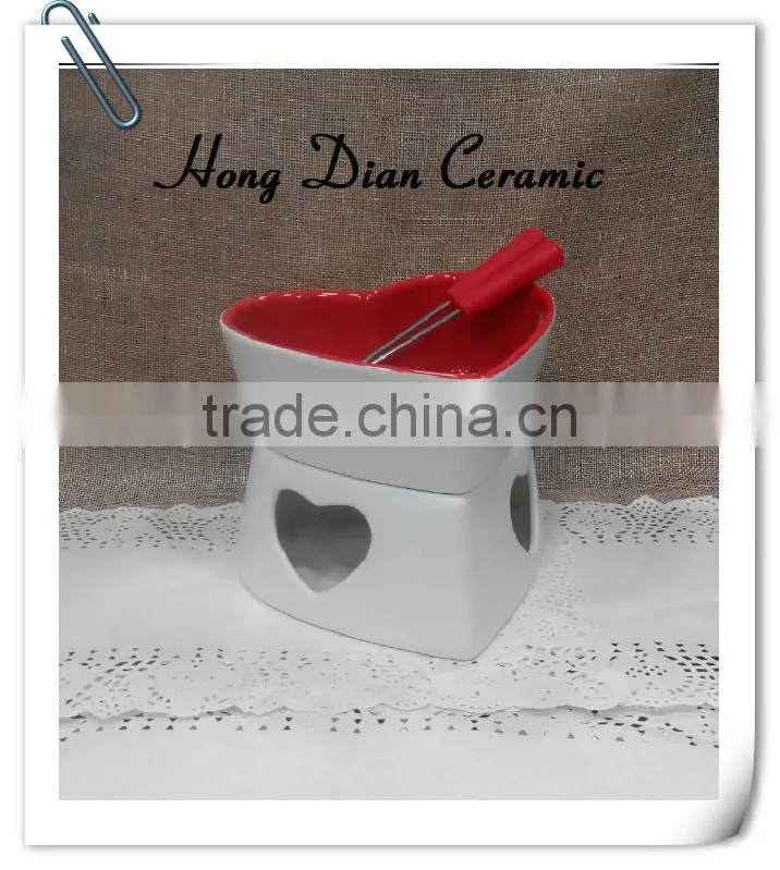 matt heart shaped ceramic chocolate fondue set,color glazed ceramic fondue pot with forks,OEM logo chocolate fondue set