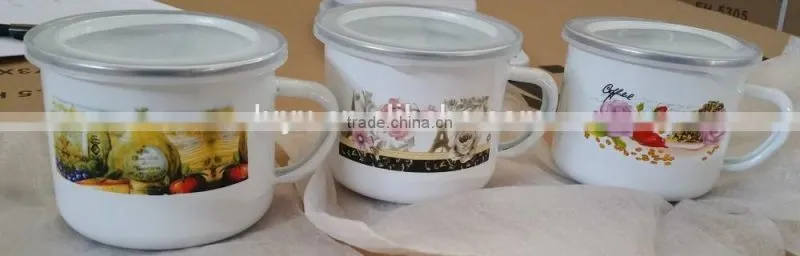 12/14cm printing enamel cup mug with plastic pp lid cover