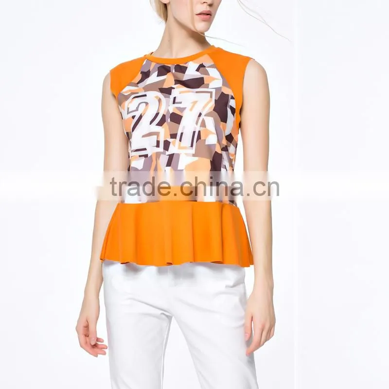 Promotional Top Quality knitted wear popular printed ruffle hem model women's simple blouse with sleevless