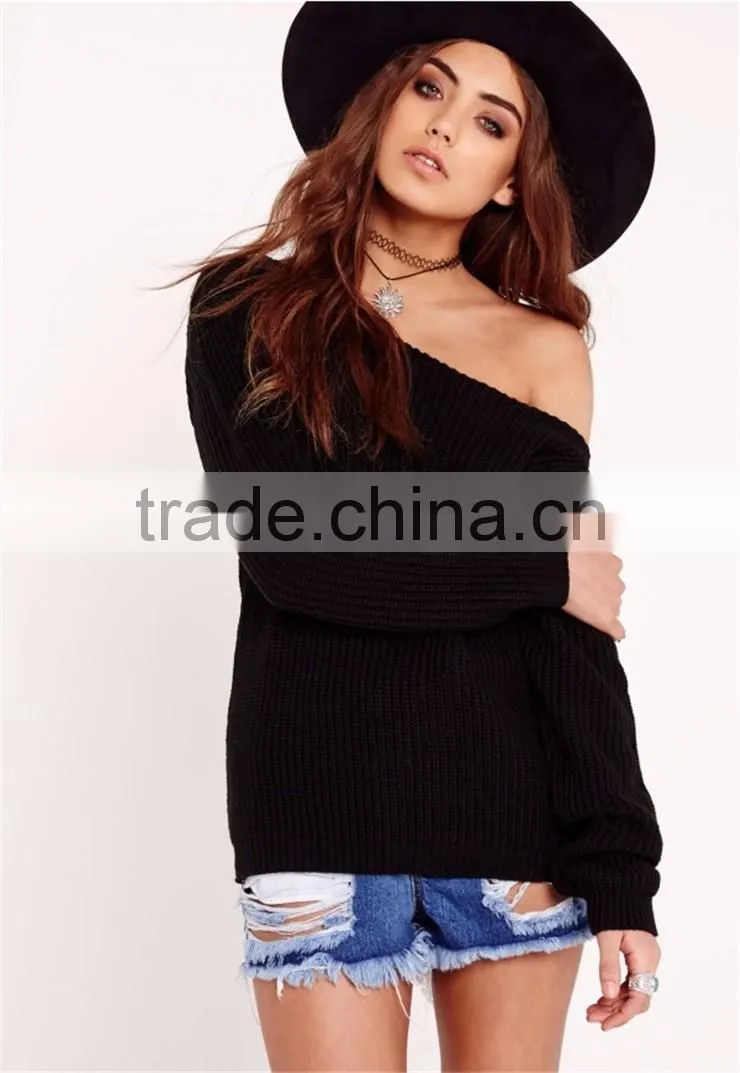 MGOO Plain Black Off Shoulder Knitted Jumper Oversized Long Sleeve Knitwear Loose Sweater With Own Label