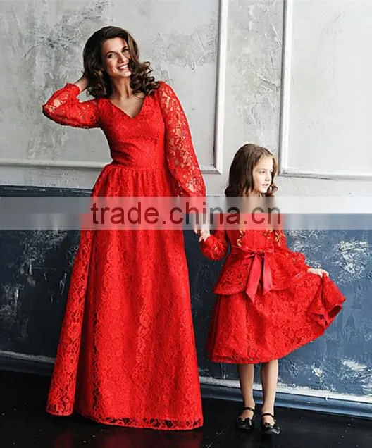 Red Long Sleeve Maxi Dress A line Mommy And Me Lace Women Baby Party Dress
