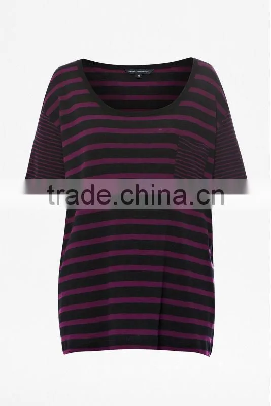 Scoop Neck Short Sleeve Striped T-Shirt with Patched Pocket
