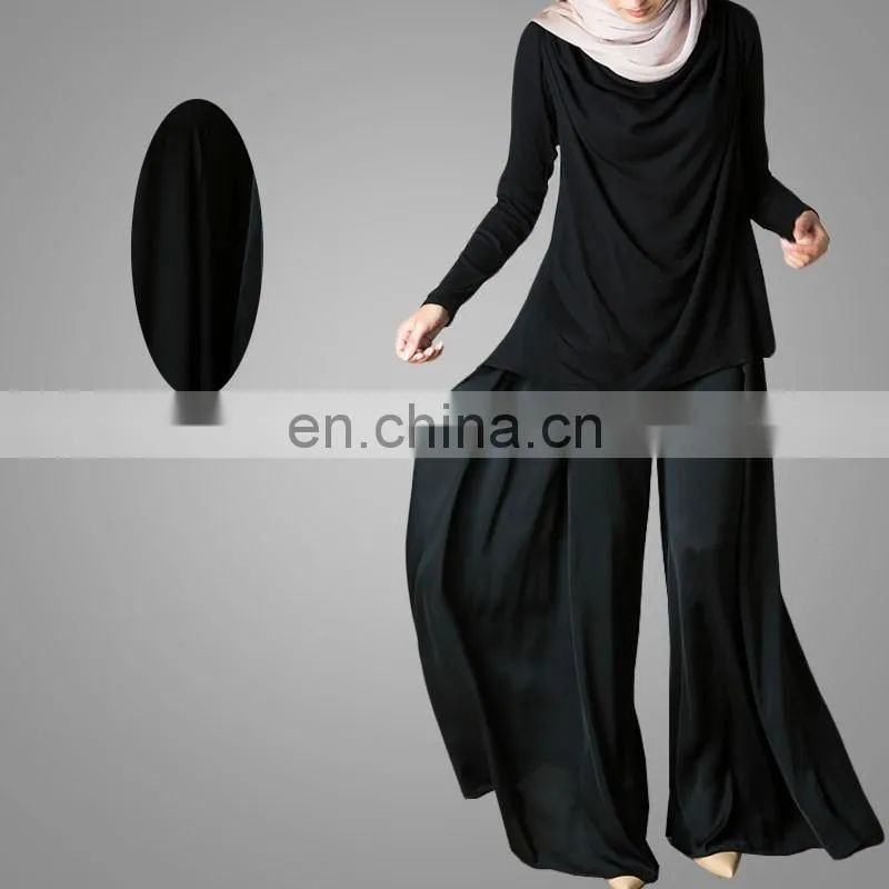 Hot Sale Muslim Women Wide Leg Side Split Chiffon Pants Ladies High Waist Back Zipper Black Trousers Islamic Palazzo Pants