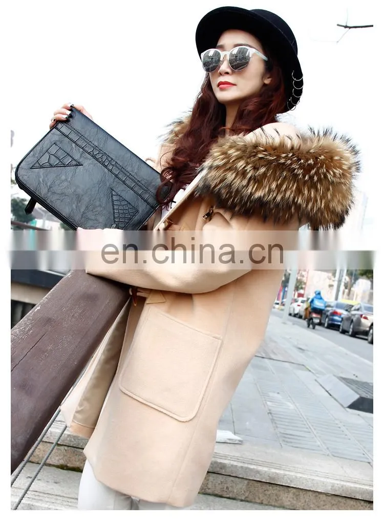 Fashion Hot Women Winter Raccoon Fur Short Hooded Korean Cashmere Wool Coat