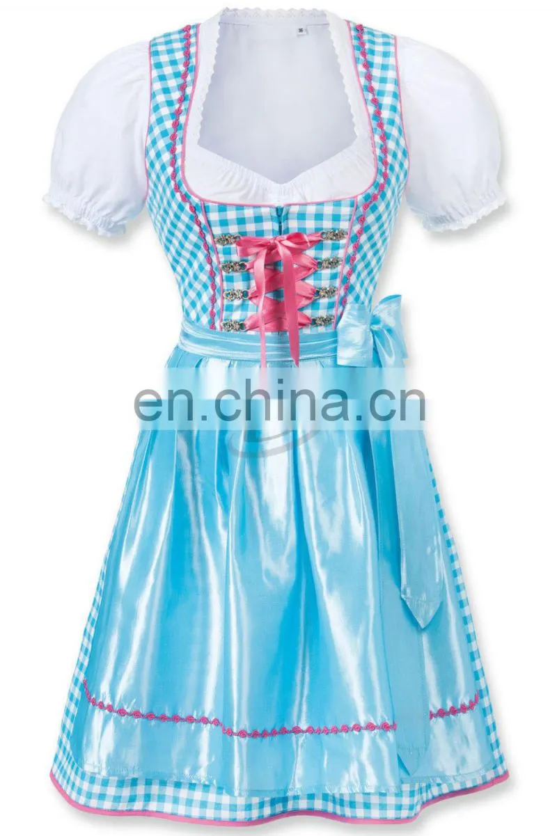 Handmade"Blue Pink 100% Cotton Dirndl German Bavarian Dress