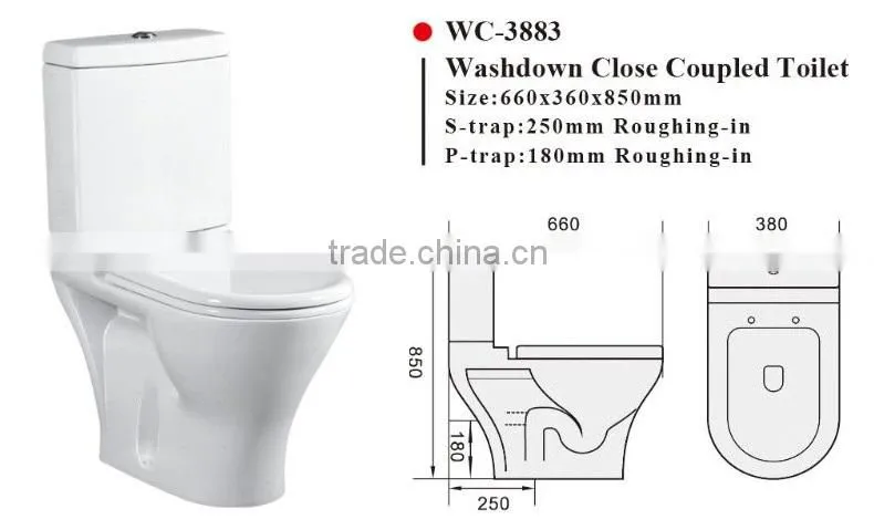 WC-3883 Washdown Two-Piece Toilet with Soft Closing Cover Ramp Down Cover, Water Closet Toilet Bowl