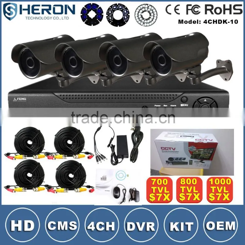 4/8/16ch HD 1000TVL H.264 P2P A key Internet DVR KITs security cctv camera system