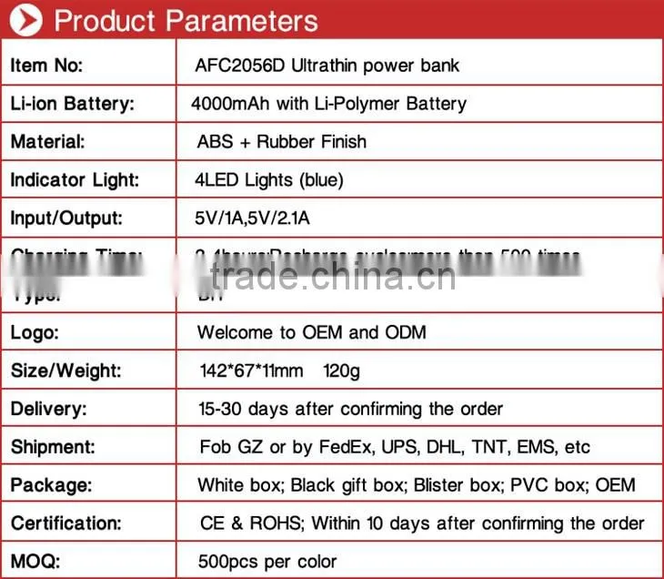 wholesale ultra thin customer oem 4000mah extra slim elephone powertable power bank for smartphone