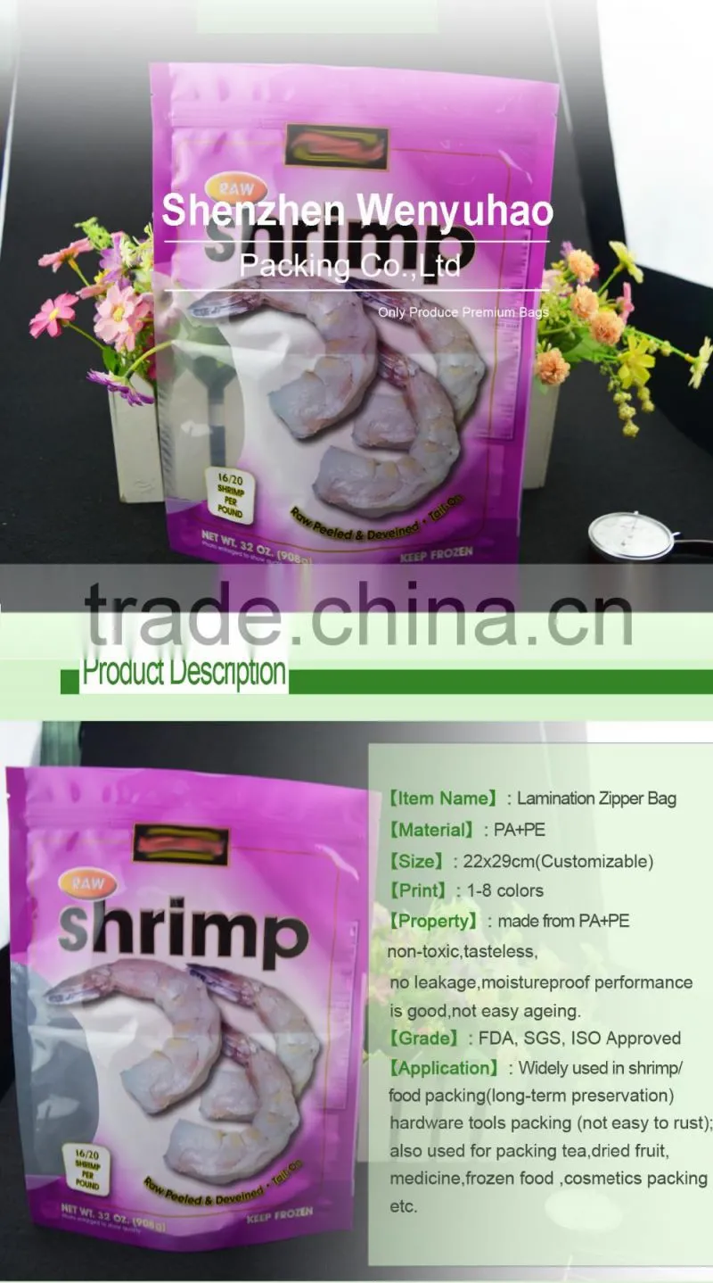 food grade shrimp packing composite zipper plastic bag / vacuum stand up pouch