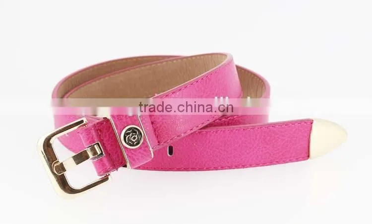 2015 Women's fashion Pink PU leather belts women with smooth gold buckle belt