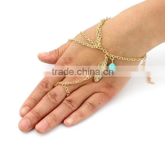 Bohemian Turquoise Bead Leaf Metal Finger Ring Multi Chain Hand Slave Bracelet