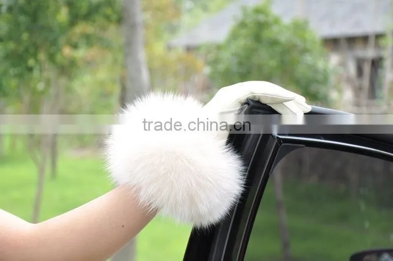 Top Luxury Fashion Desgin Beautiful Fox Fur Wrist Ladies Sheepskin Leather Gloves