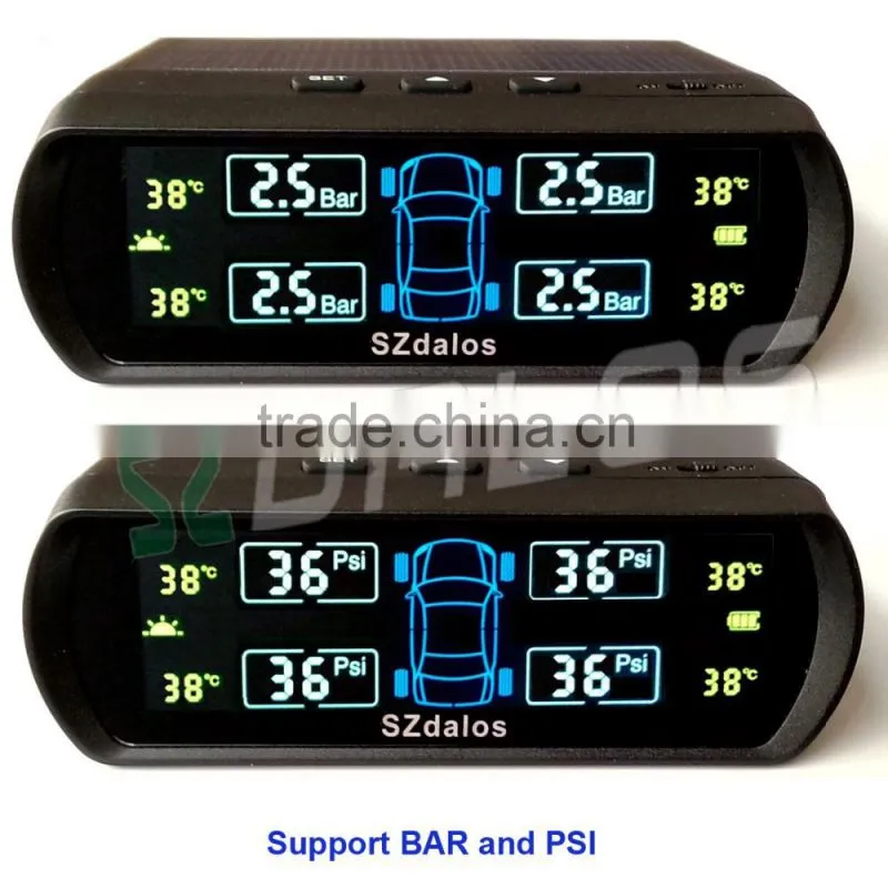 solar TPMS ,Car Wireless Tire Pressure Monitoring System with Solar Power Panel display the Pressue and Temperature