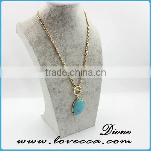 Latest New Design Ladies Thin Long Rond Type Pink and Royal Blue Natural Crystal Stone Necklace with Gold Chain