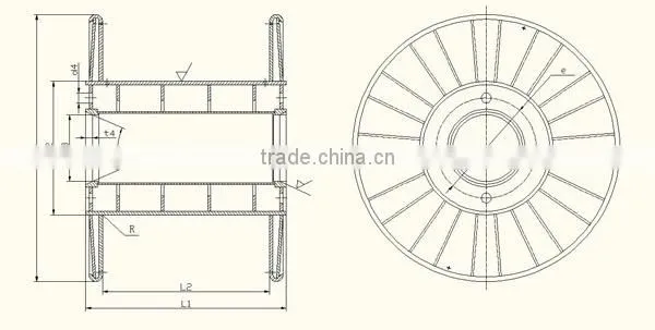 Steel cable reel with pressed flanges and rounded rim
