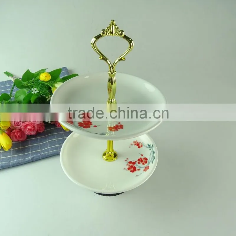 Wholesale Stocked porcelain two layers cake stand for food, porcelain fruit plate with gold line,wedding cake use