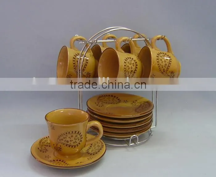 Set of 6 hand printing ceramic tea mug set with rack