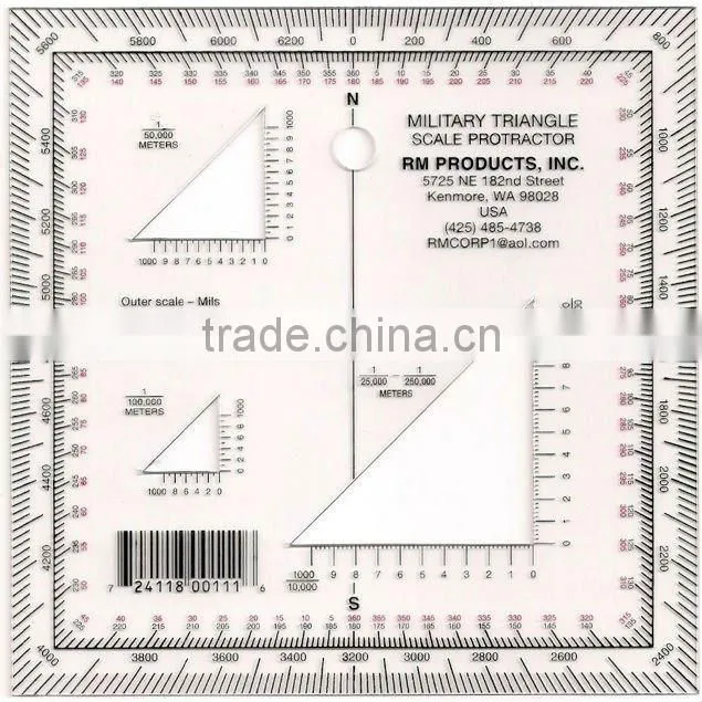 Kearing square scale protractor, plastic military protractor, with triangel scale inside 1:50000 & 1:25000 #KMP-4