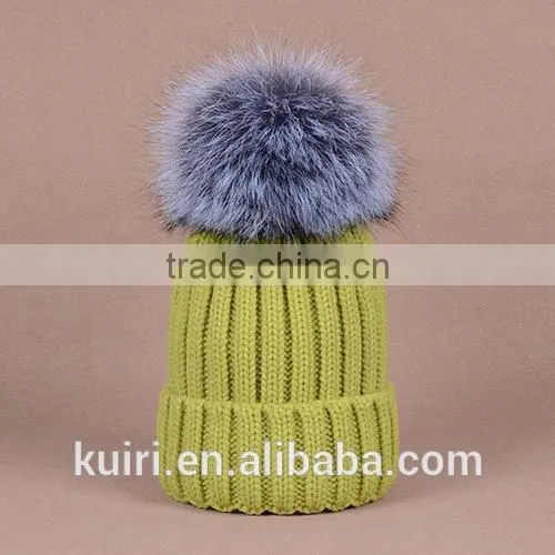 knitted hat with snap silver fox fur ball on top
