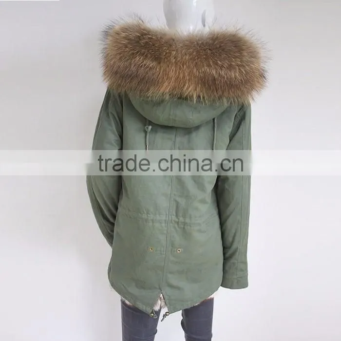 Myfur European Fashion Adults Fur Parka With Faux Fur Lining Real Raccoon Fur Hooded