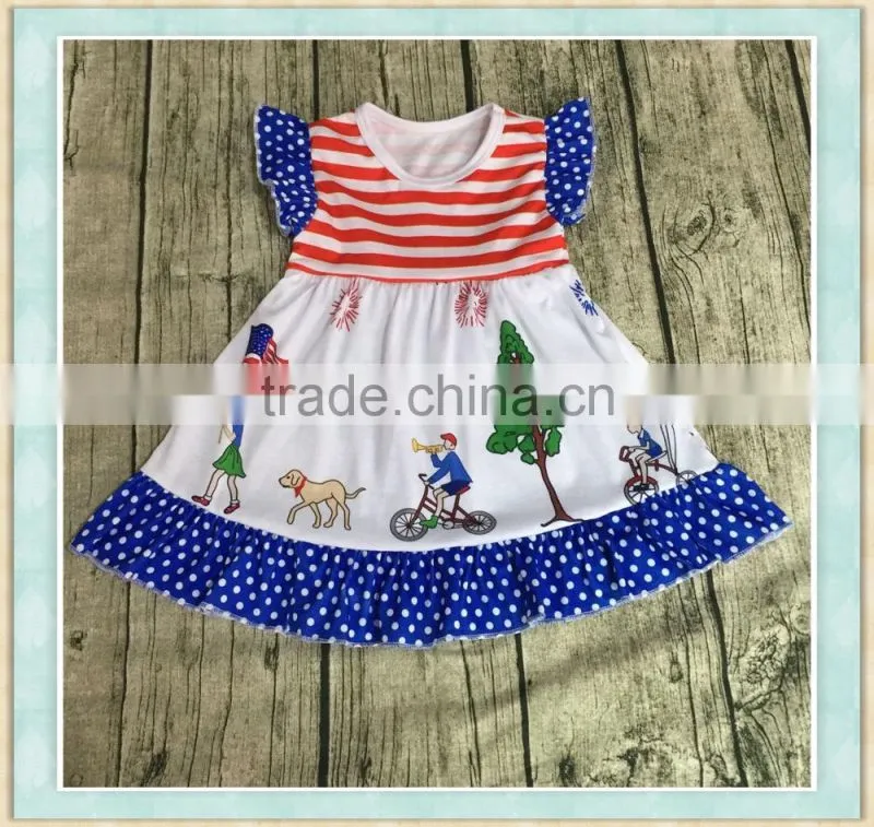 2017 Factory provide best price baby clothes 3-5 year old girl dress print colorful flags ruffle sleeve maxi dress for baby