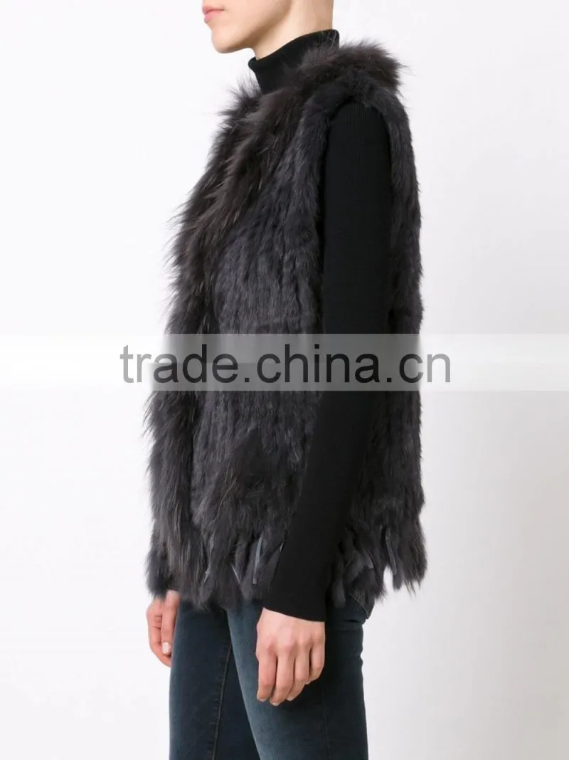 YR006A New Arrive Real Rabbit and Raccoon Hand Knit Vest with Tassels Top Sales Fur Gilet