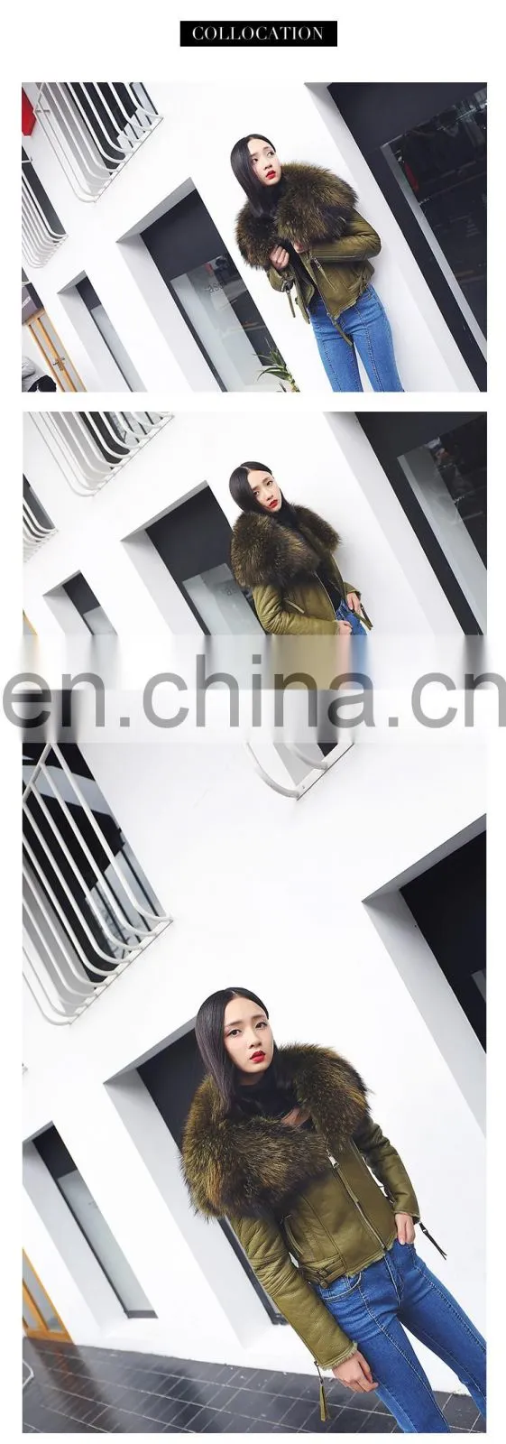 High Fashion Red Real Leather Jackets for Women / Raccoon Fur Collar Leather Jacket Made in China