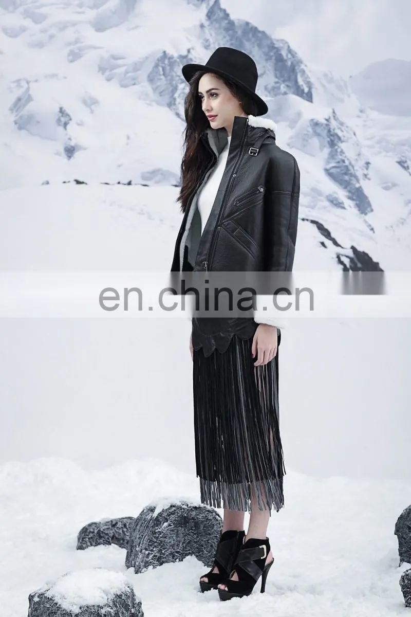 Cool Style Black Genuine Leather Jacket Women's Merino Sheepskin Fur Coat Punk Real Fur And Leather Jacket