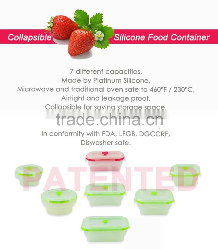 600ml Foldable silicone food container Lunch box with PP lid Platinum silicone Non-stick BPA FREE