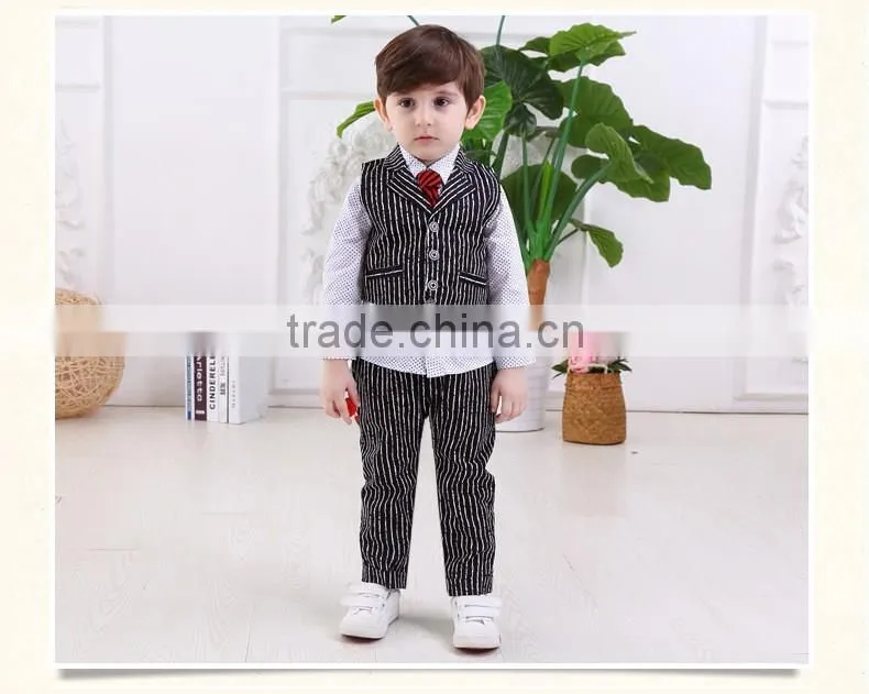 2016 Wholesale New arrival British Striped vest three-piece baby boy set plaid shirt with tie baby boy clothes suit