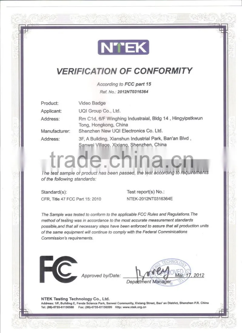 CE RoHS FCC Approved 3.0 Inch wear photo badge, picture player, magnetic pic displayer