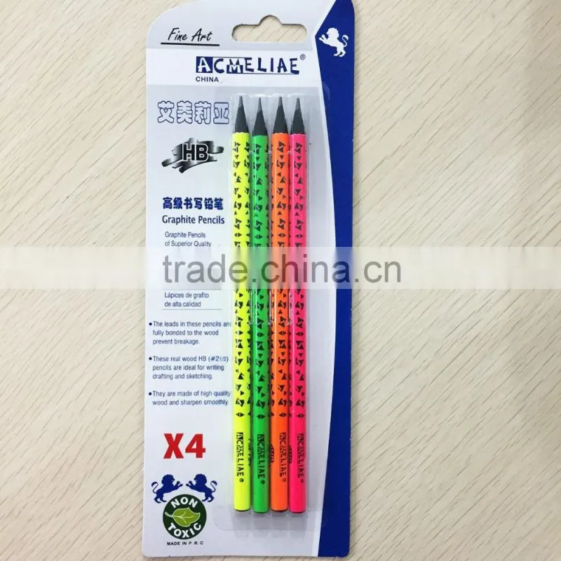 7" standard size round shape black wood neon body heat rolling HB pencil in blister card