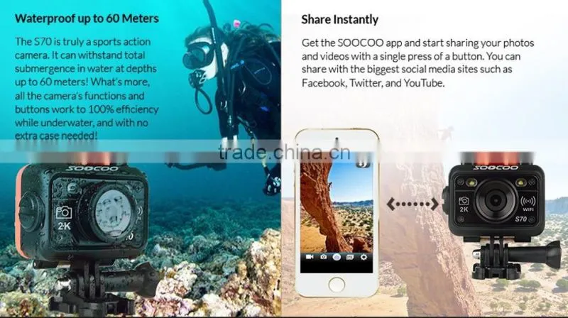 SOOCOO S70 Full HD WIFI Waterproof 2K Sports Cameras 170 Degree Wide-angle Lens(Add 1*Battery )