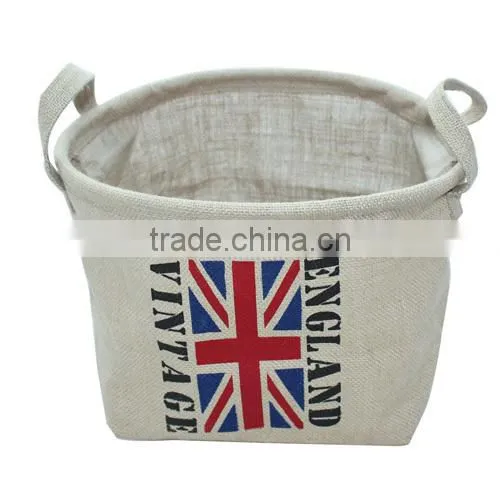 2014 Flax camping linen storage bag,flag design storage box,high capcacity home basket(BBHT004)