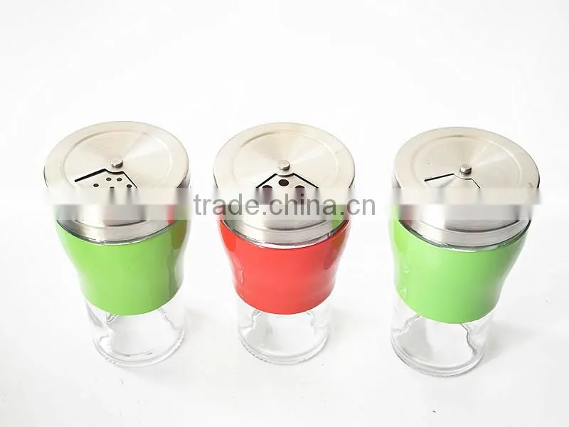 colorful glass condiment bottle with rotating hole lid metal cover