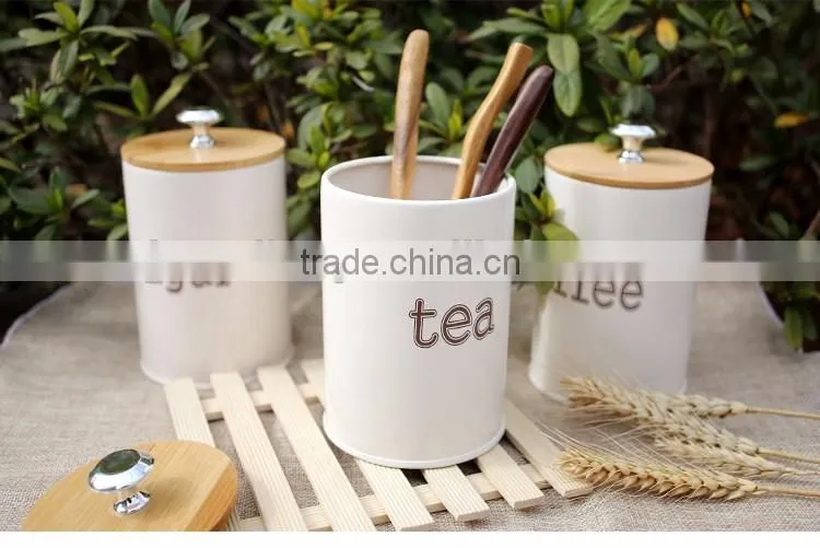 New customized pattern kitchen metal caddy tea sugar coffee canister jar with bamboo lid
