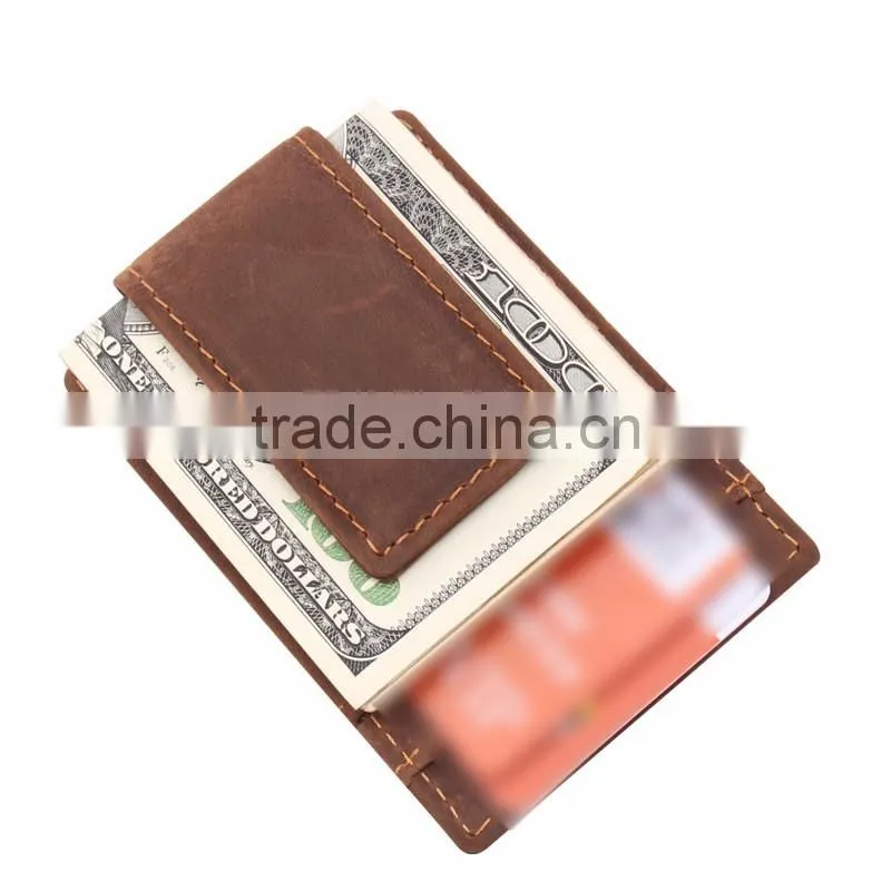 Crazy Horse Leather OEM branded Money Clip Front Slim Minimalist Mens RFID Blocking leather money clip