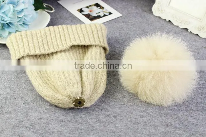 high quality 15cm fox fur real sheep wool knit beanie hat with fox fur ball
