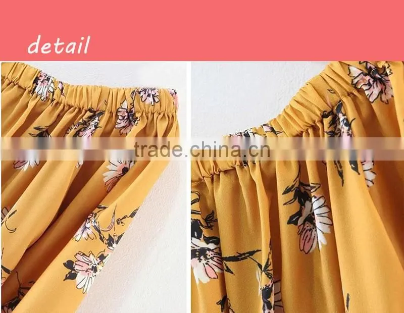 2017off shoulder long sleeve floral printed dress loose yellow dress