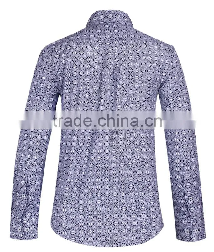2017 men's long sleeve graphic printed slim fit shirt with contrast collar and cuff