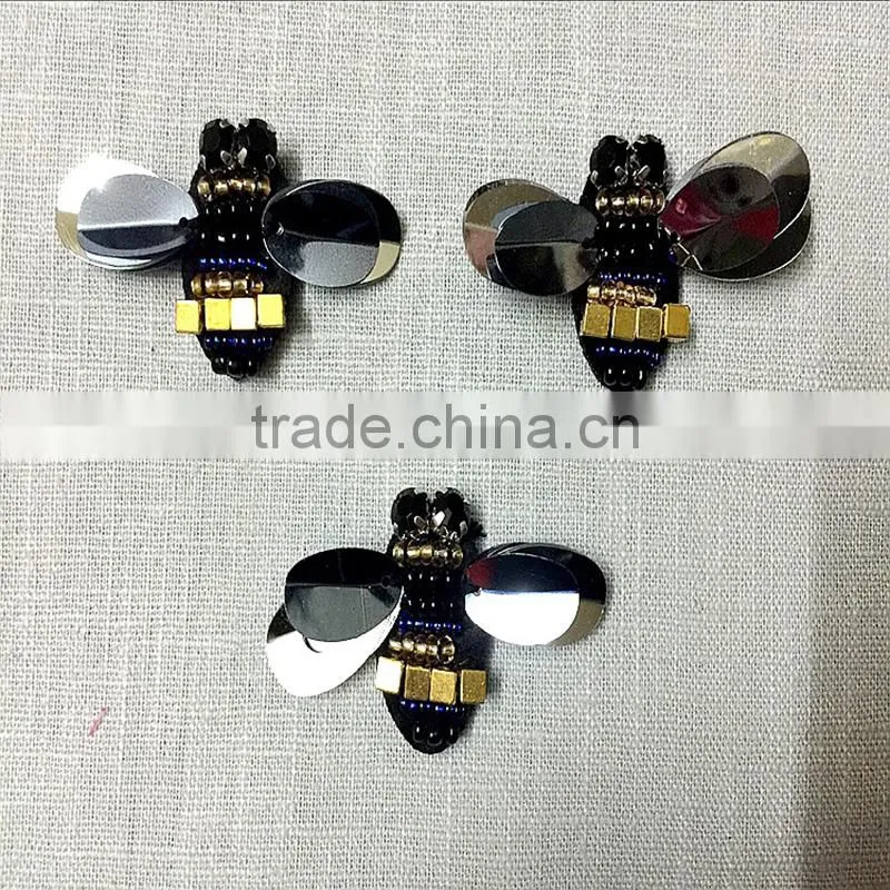 Shiny black bees sequins beads Rhinestones appliques patch brooch