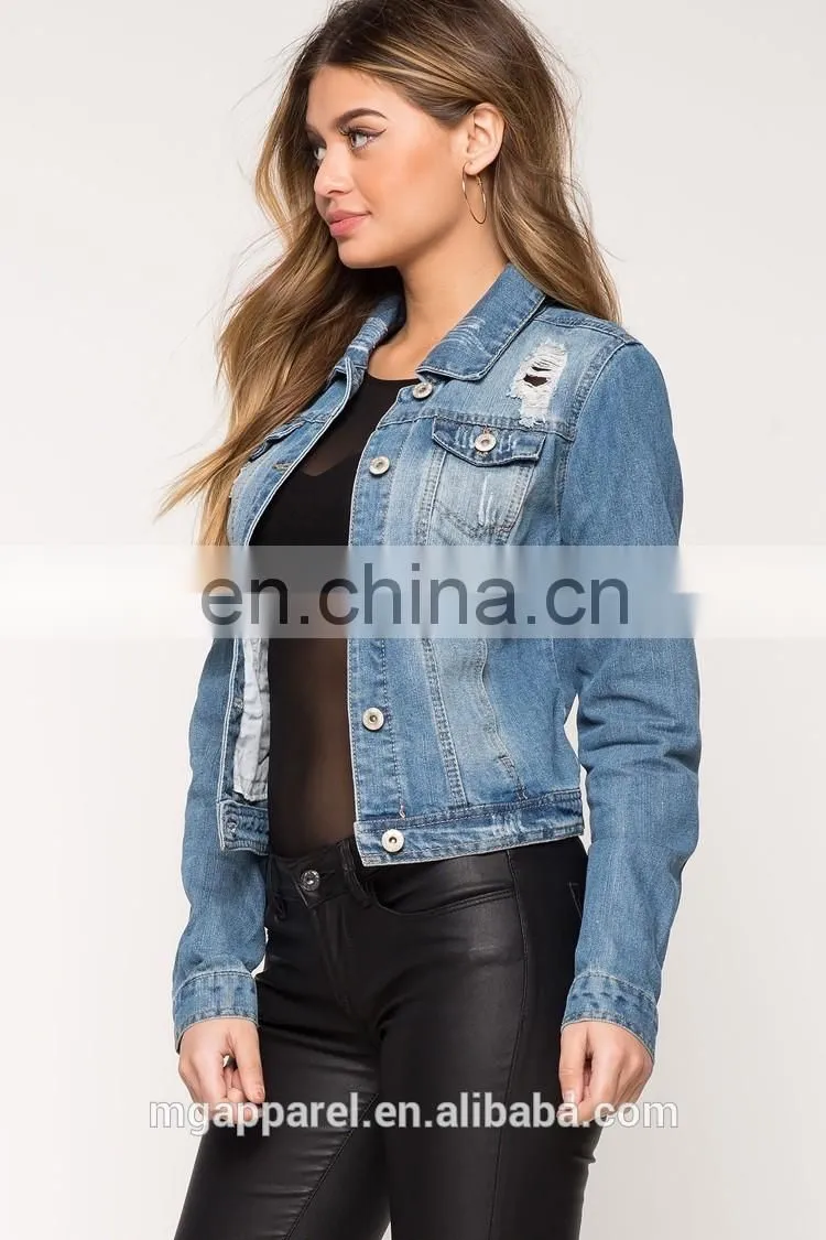 Wholesale ripped denim jackets light wash blue distressed denim jacket
