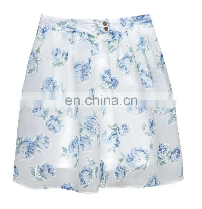 fashion vintage floral printed lady sexy pleast short skirt with high waist