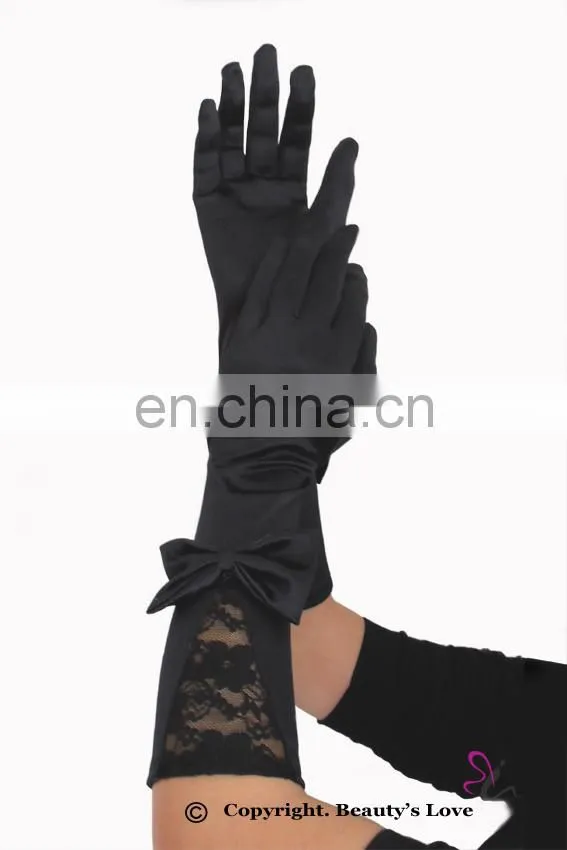 Beauty's Love elbow length sexy gloves fashion costume accesssory bridal black satin gloves with lace and bow