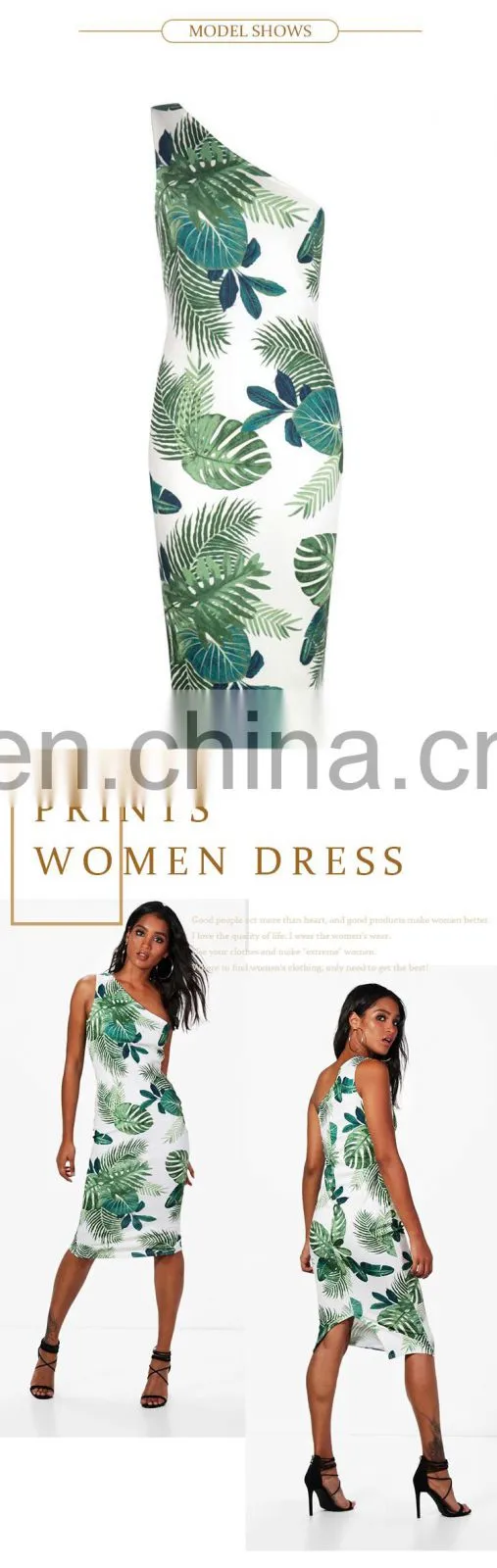 custom high quality Tropical Print One Shoulder Bodycon women Midi Dress