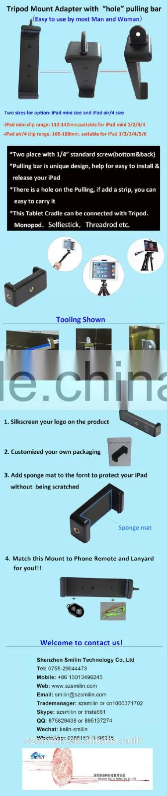 Smilin Factory Accept OEM High Quality Tablet PC Selfie Stick Monopod Tripod Clip mount Stand Adapter for iPad mini air 2 4 5